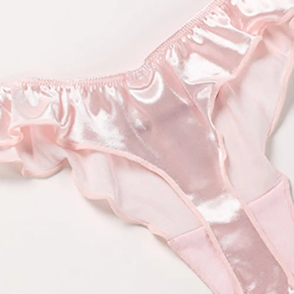 Satin Ice Silk Thong – Seamless Ruffle Panty with Letter Detail